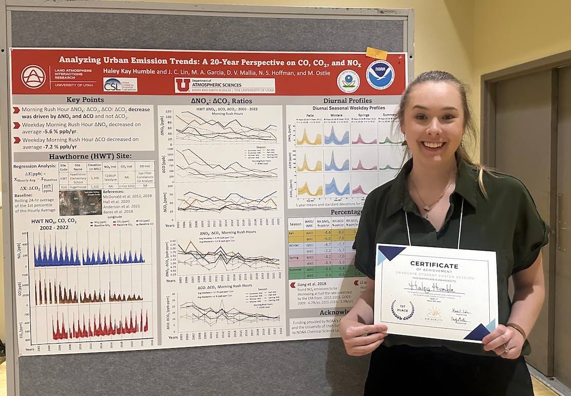 Haley stands in front of her winning poster holding a certificate for first place.